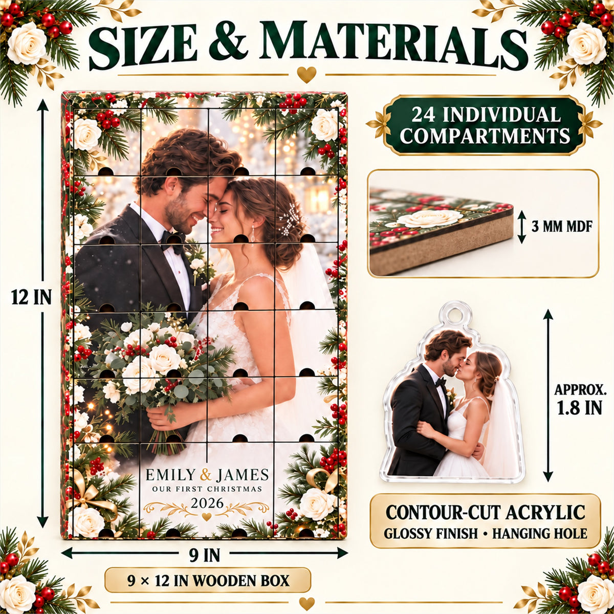 Personalized Newlywed Advent Calendar with 24 Custom Photo Acrylic Ornaments, Our First Christmas Married Gift, Wedding Keepsake for Couple