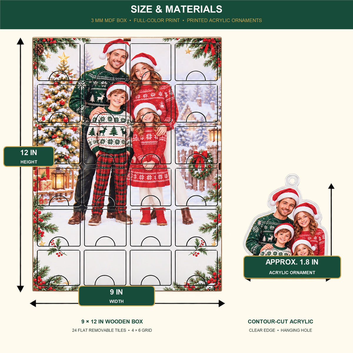 Personalized Family Advent Calendar with 24 Custom Photo Acrylic Ornaments, Wooden Christmas Countdown Box, Custom Holiday Gift for Family