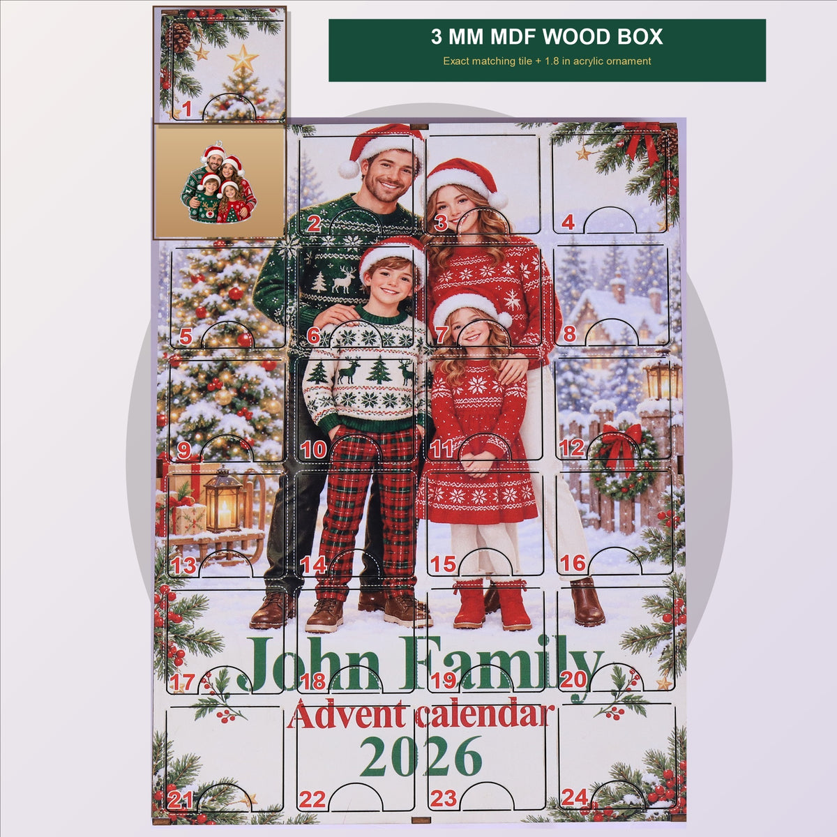 Personalized Family Advent Calendar with 24 Custom Photo Acrylic Ornaments, Wooden Christmas Countdown Box, Custom Holiday Gift for Family