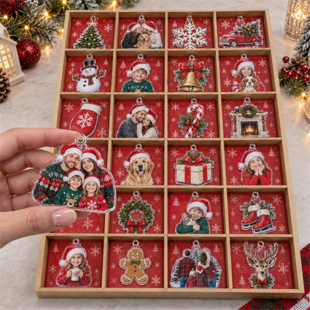 Personalized Family Advent Calendar with 24 Custom Photo Acrylic Ornaments, Wooden Christmas Countdown Box, Custom Holiday Gift for Family