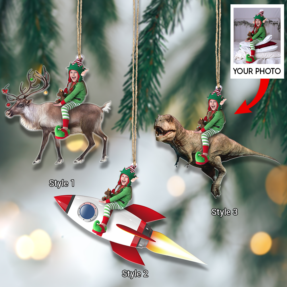 Custom Photo Ornament - Personalized Kid Photo Mica Ornament - Kid Dinosaur - Christmas Gift For Family Members, Kids | Riding Kid