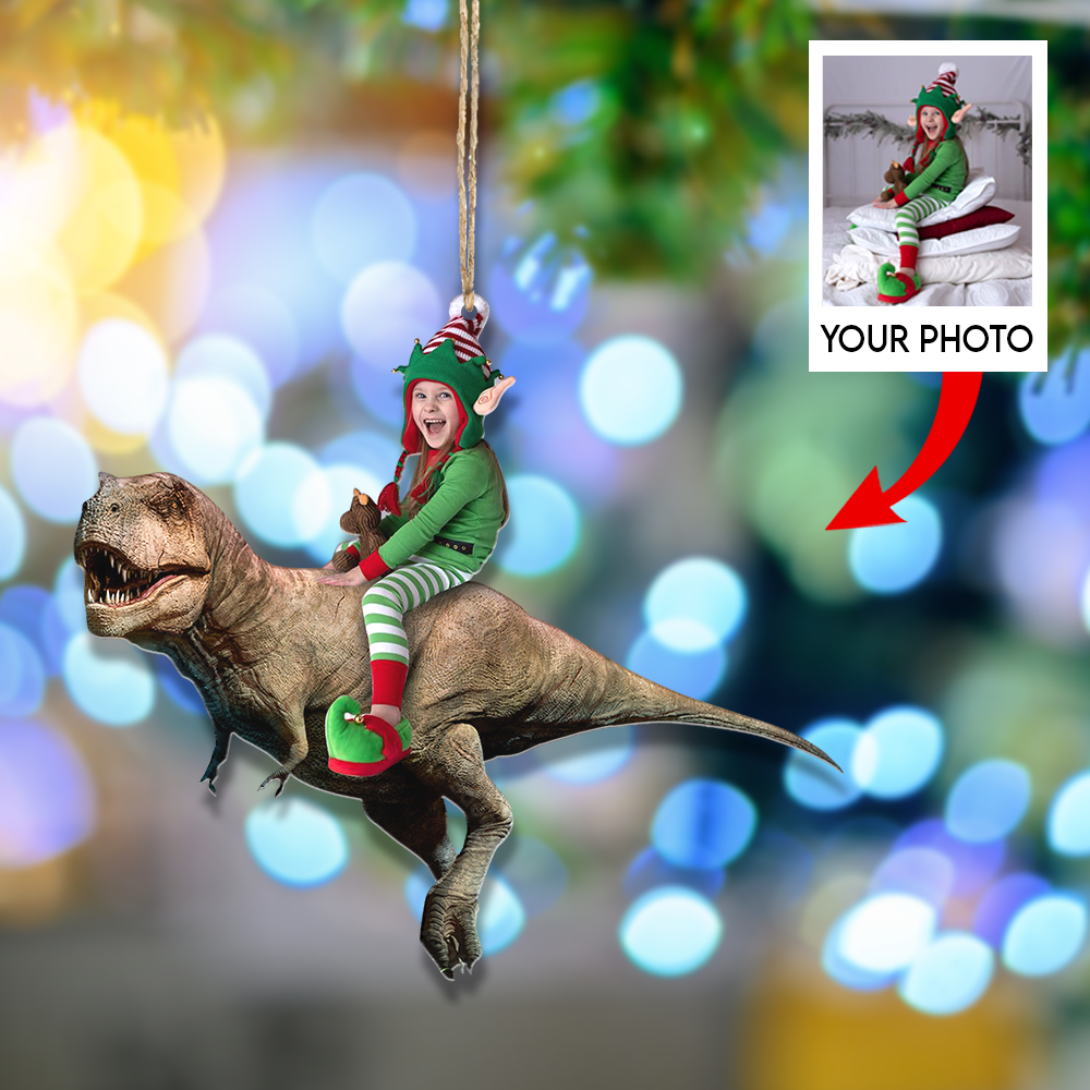 Custom Photo Ornament - Personalized Kid Photo Mica Ornament - Kid Dinosaur - Christmas Gift For Family Members, Kids | Riding Kid