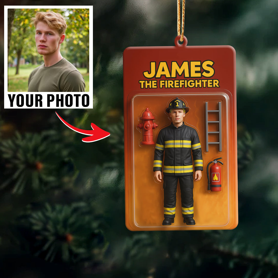 Turn Your Photo into an Action Figure - Custom Photo Ornament Toy Box Portrait | Firefighter