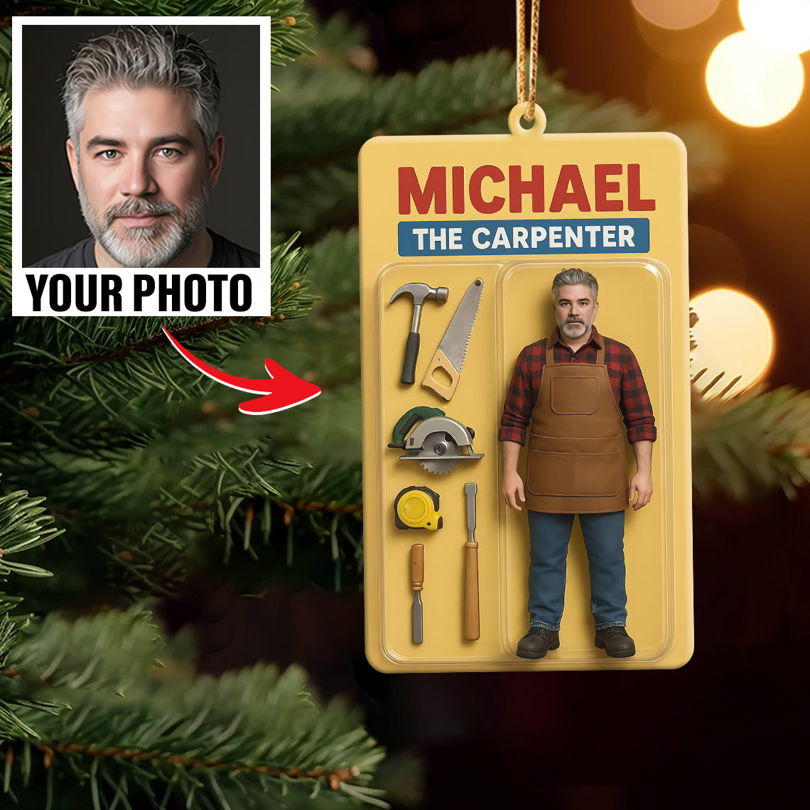 Turn Your Photo into an Action Figure - Custom Photo Ornament Toy Box Portrait | Carpenter