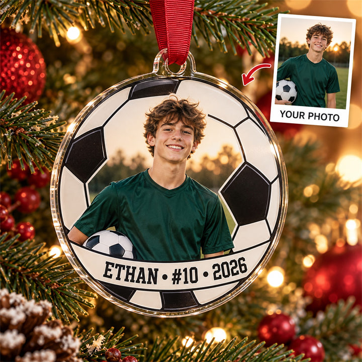 Personalized Soccer Photo Acrylic Ornament - Custom Athlete Christmas Keepsake - image 1