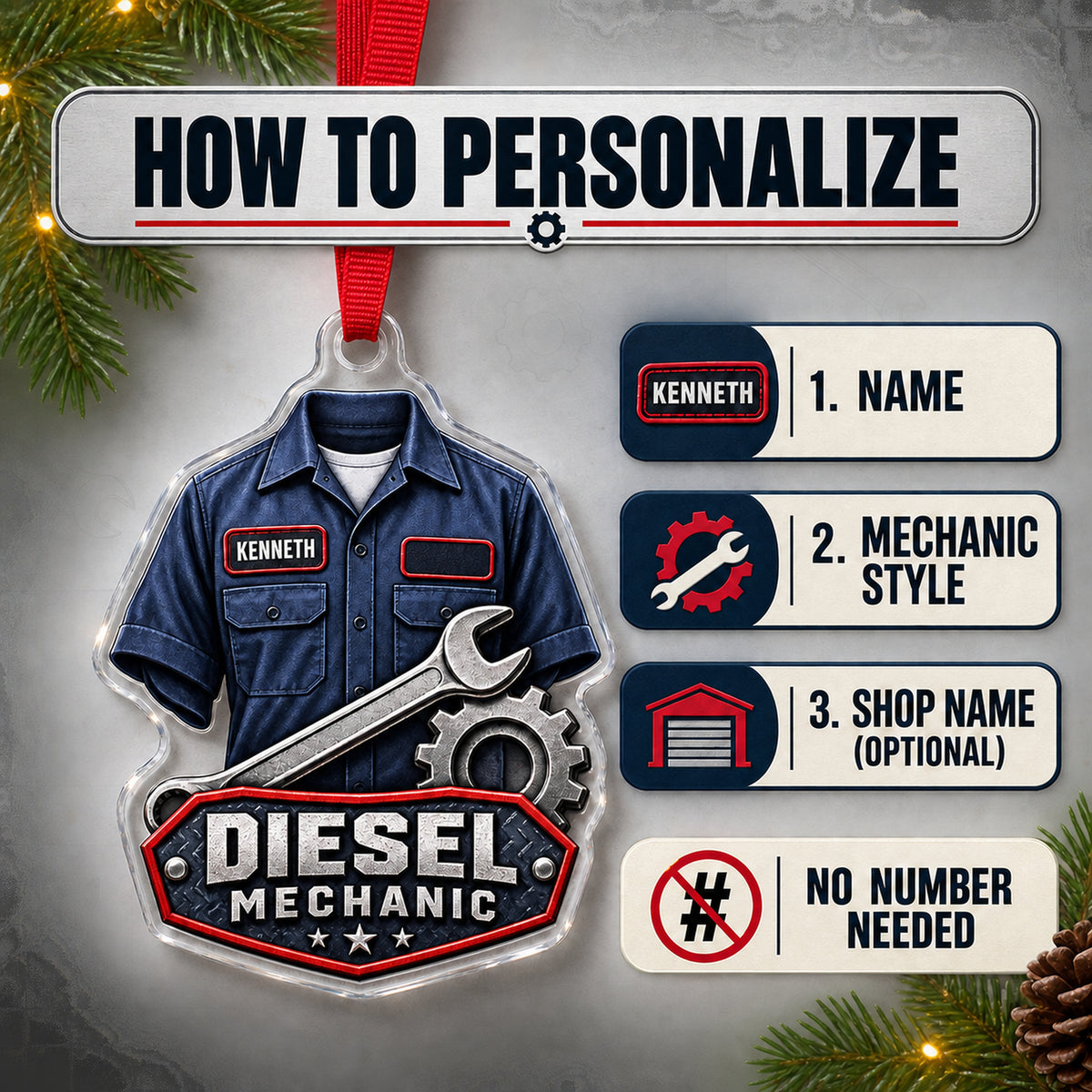 Personalized Auto Mechanic Work Shirt Acrylic Ornament - Custom Name Christmas Keepsake - image 5
