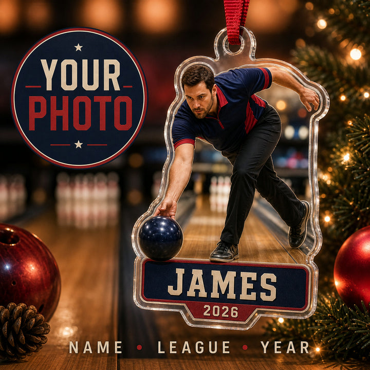 Personalized Bowling Photo Acrylic Ornament - Custom Athlete Christmas Keepsake - image 1
