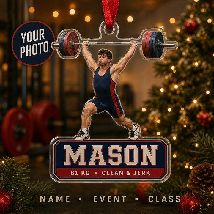 Personalized Weightlifting Photo Acrylic Ornament - Custom Athlete Christmas Keepsake - image 1
