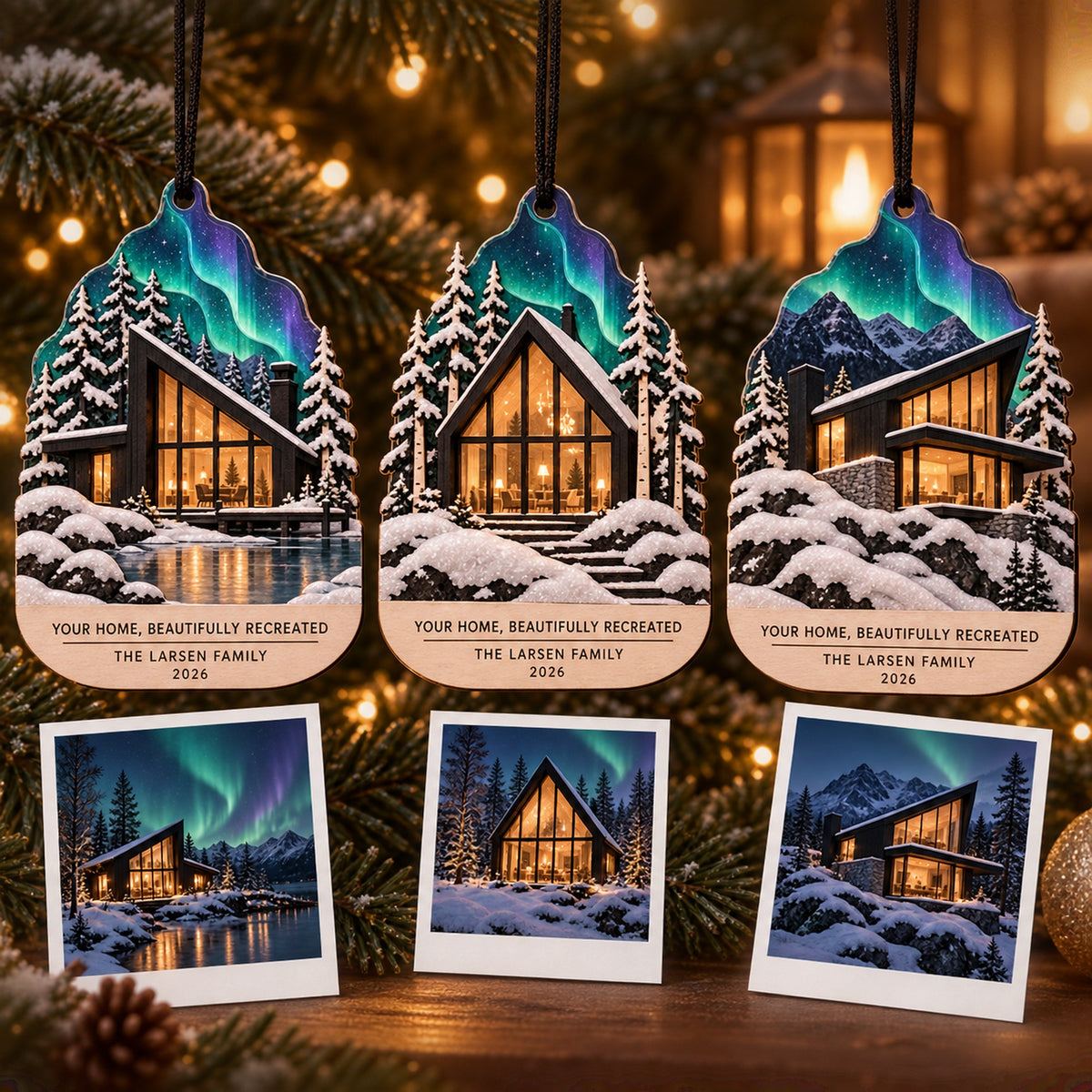 Personalized Nordic Aurora Cabin Wood Ornament - Custom Keepsake - image 2