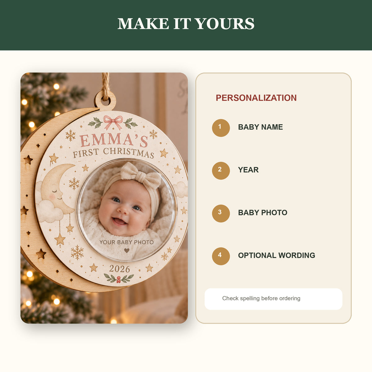 Personalized Baby First Christmas Wood Ornament - Custom Keepsake - image 5