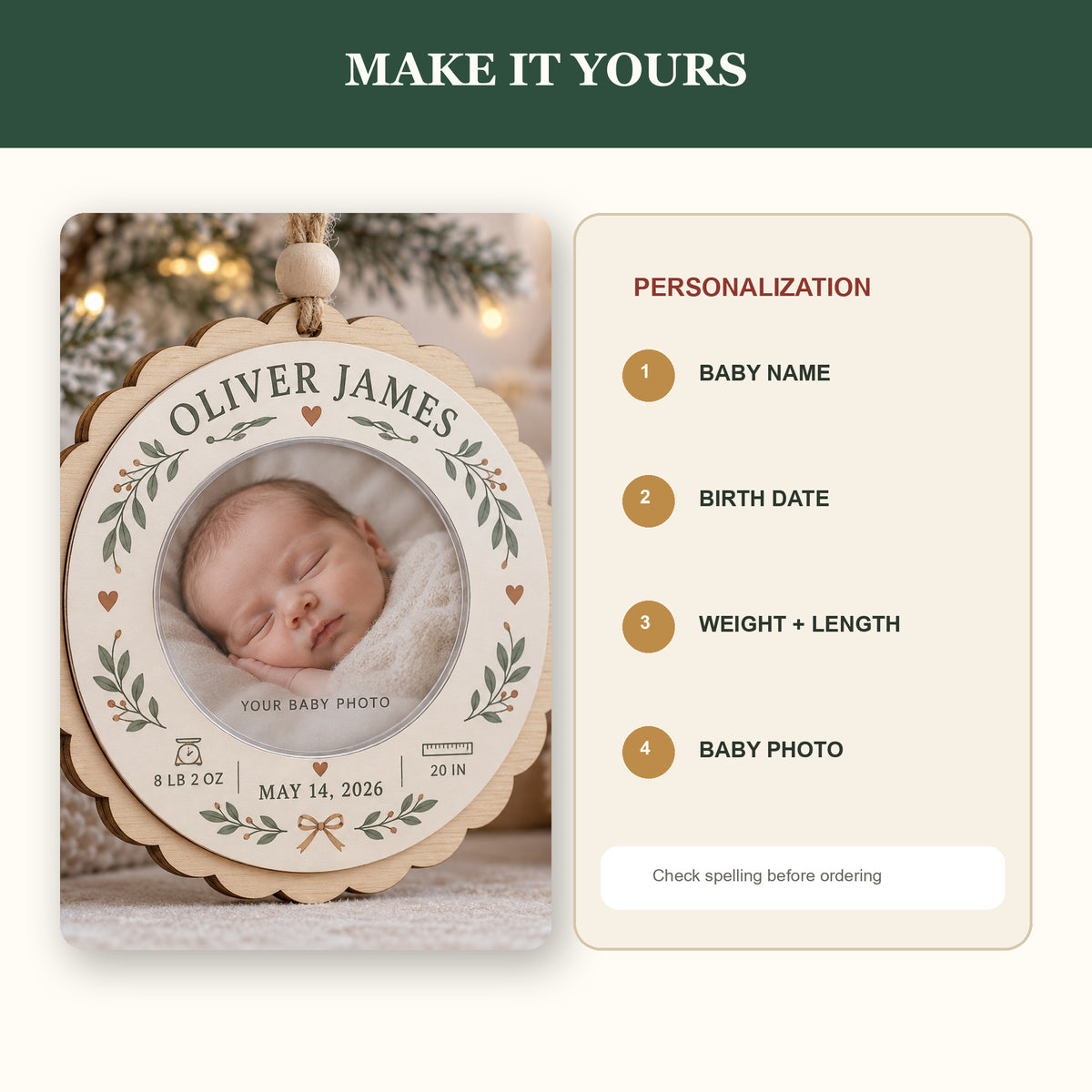 Personalized Baby Birth Stats Wood Ornament - Custom Keepsake - image 5