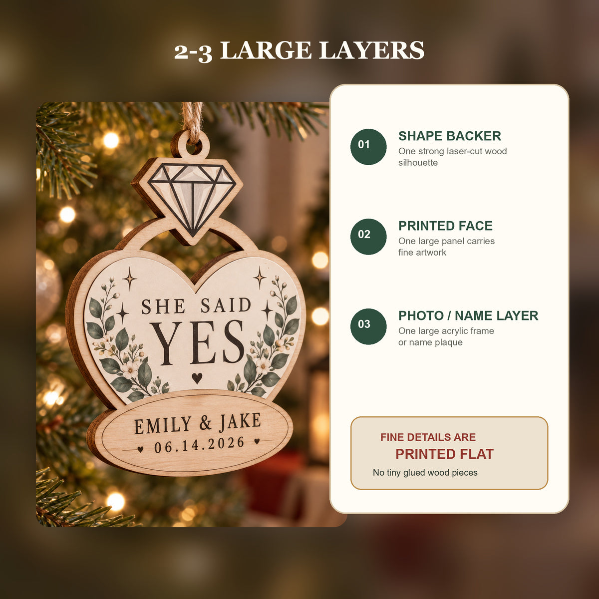 Personalized Engagement Ring Wood Ornament - Custom Keepsake - image 3