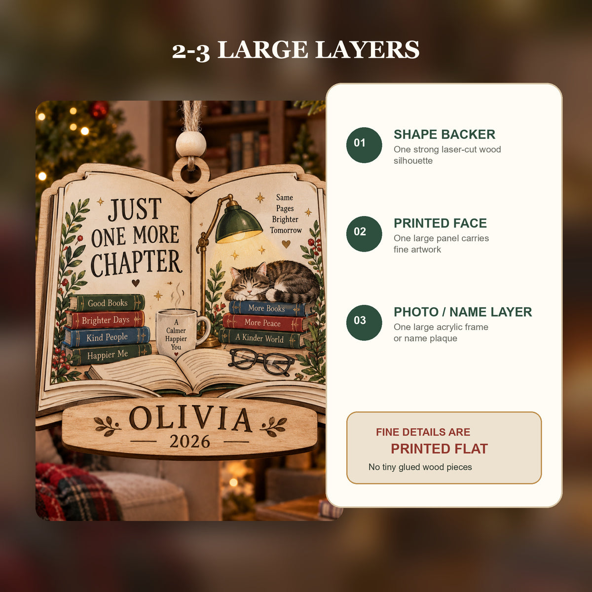 Personalized Book Lover Wood Ornament - Custom Keepsake - image 3