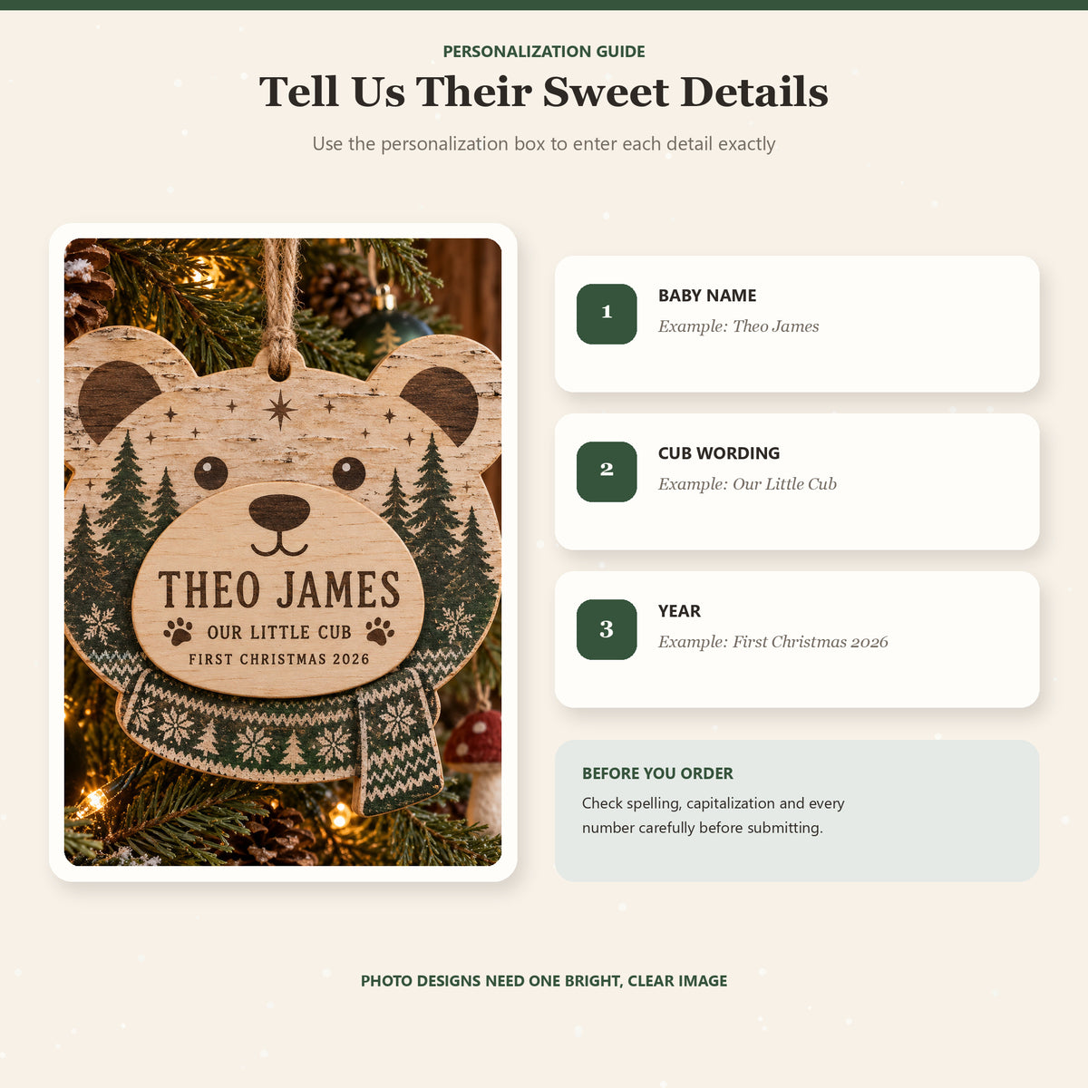 Personalized Woodland Bear Baby Wood Ornament - Custom Keepsake - image 5