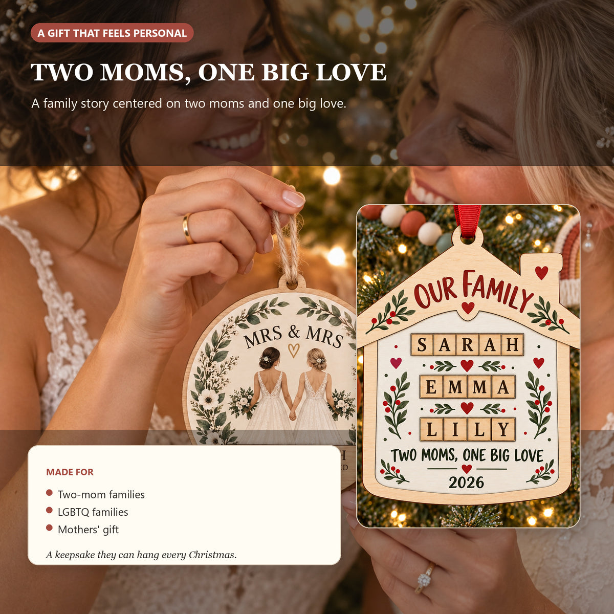 Personalized Two Moms Family Wood Ornament - Custom Keepsake - image 3