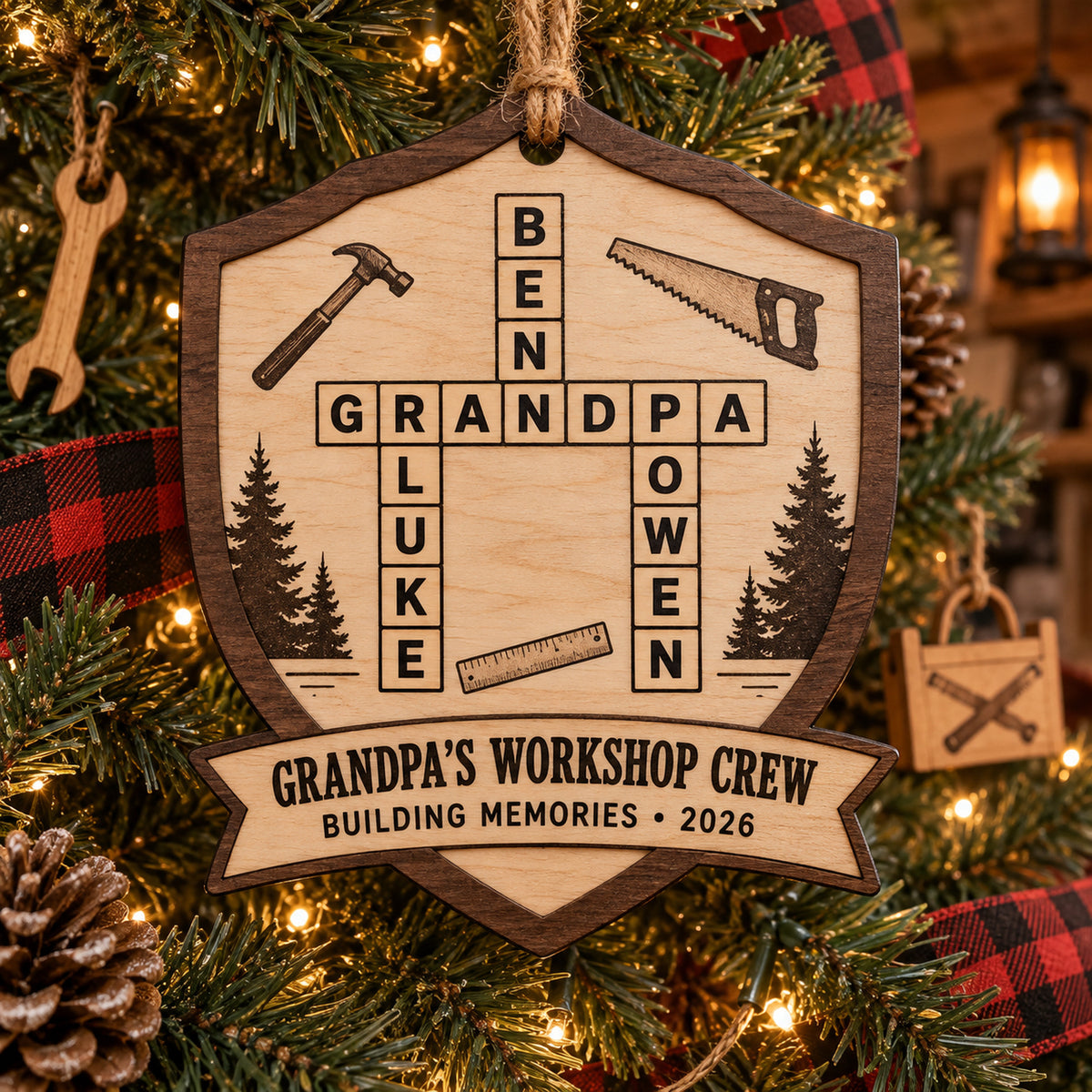 Personalized Grandpas Workshop Crew Wood Ornament - Custom Keepsake - image 1