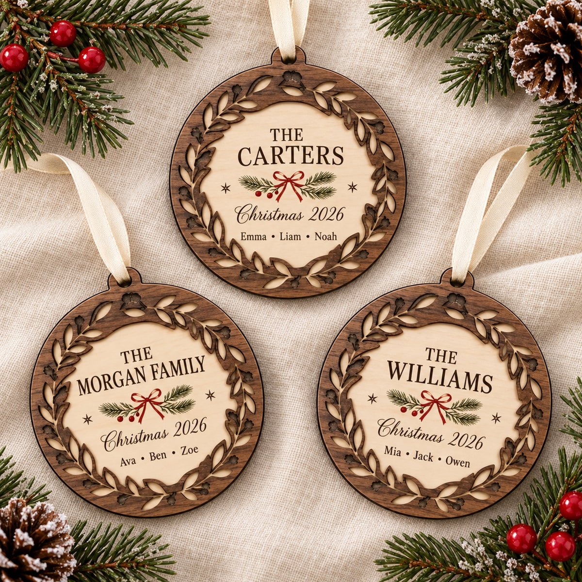Personalized Personalized Family Name Wreath Wood Ornament - Custom Keepsake - image 2