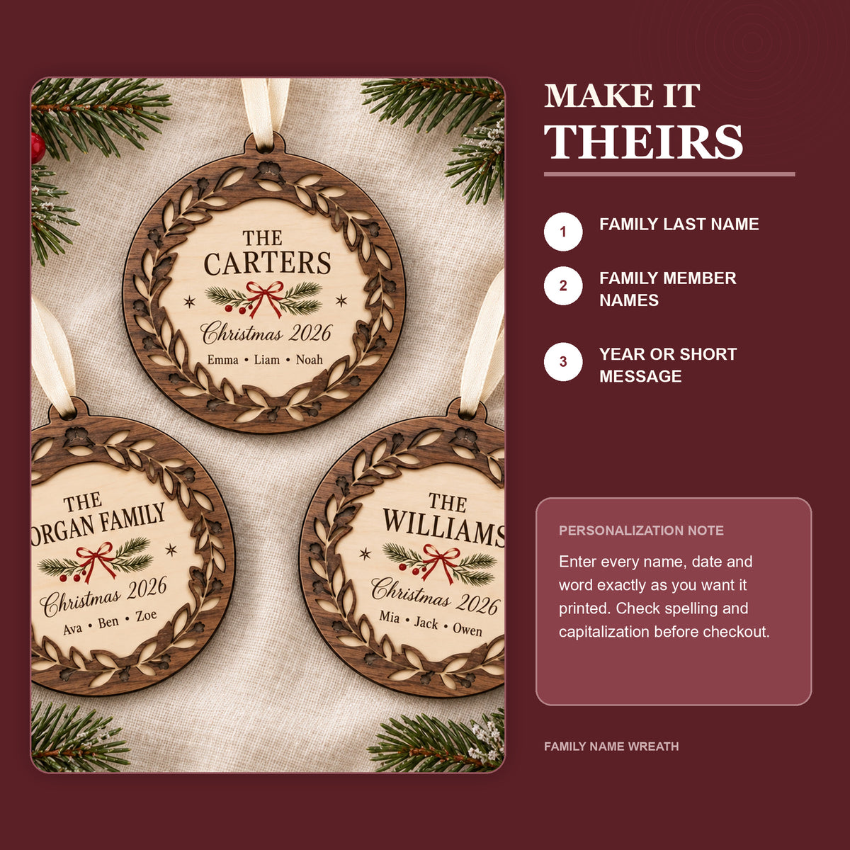 Personalized Personalized Family Name Wreath Wood Ornament - Custom Keepsake - image 5