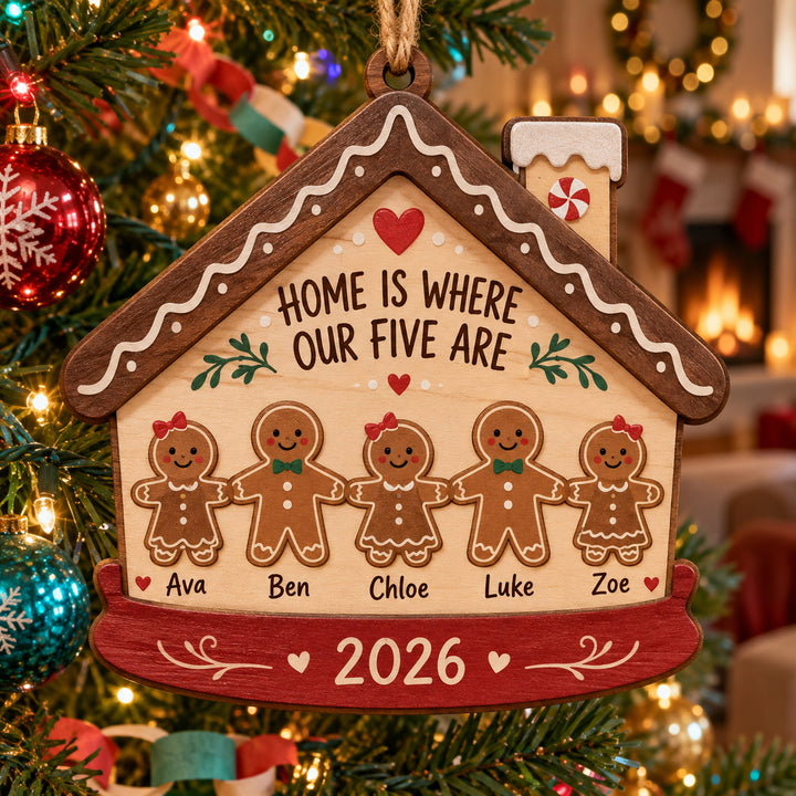 Personalized Family Of Five Gingerbread Home Wood Ornament - Custom Keepsake - image 1
