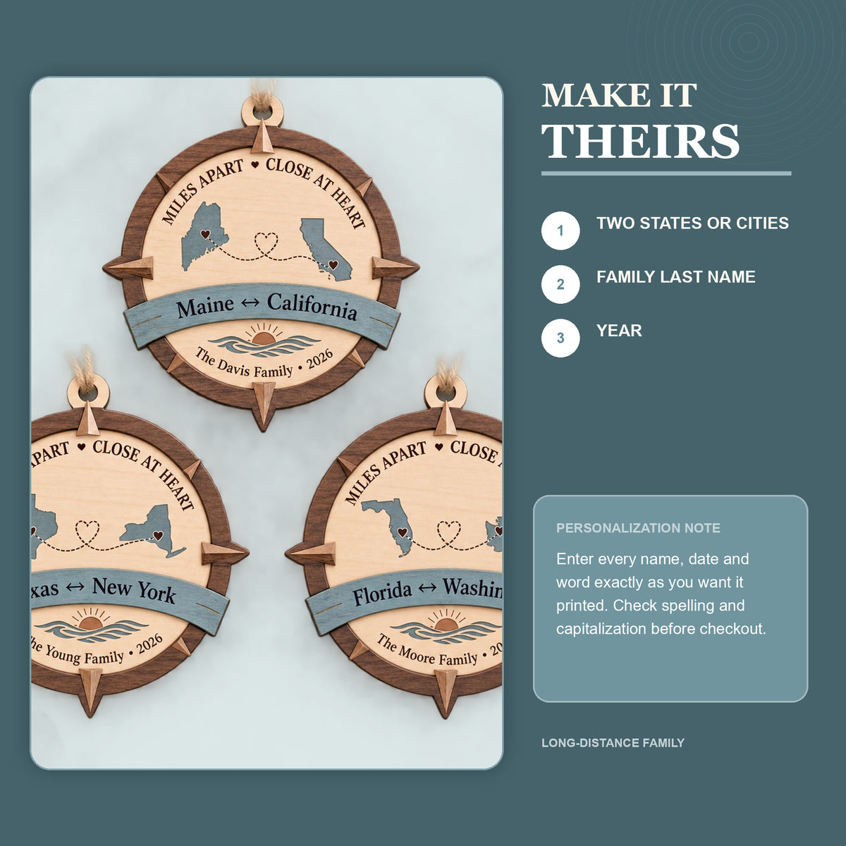 Personalized Long Distance Family Wood Ornament - Custom Keepsake - image 5