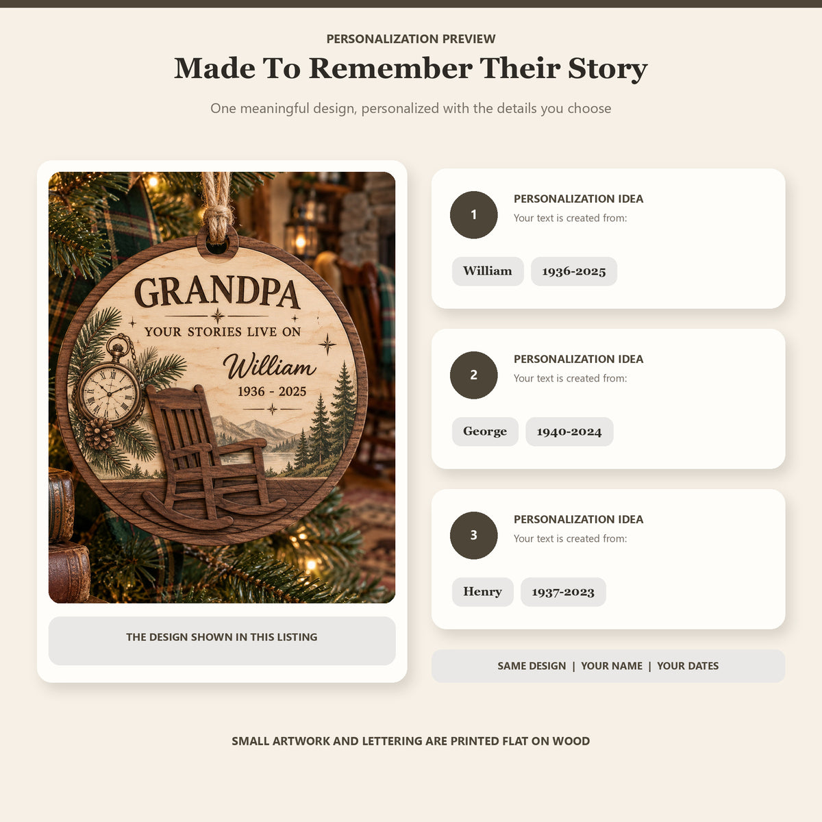 Personalized Grandpa Rocking Chair Memorial Wood Ornament - Custom Keepsake - image 2