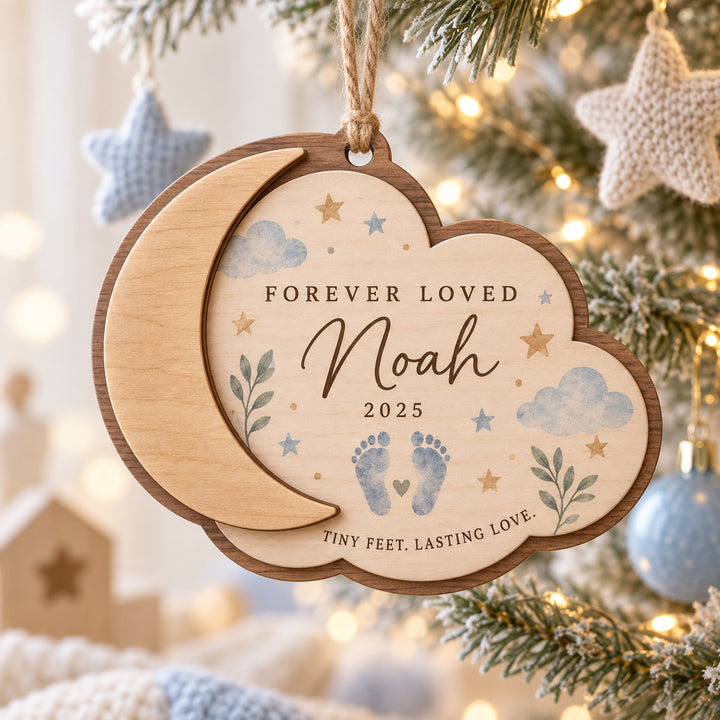 Personalized Baby Memorial Moon Footprints Wood Ornament - Custom Keepsake - image 1
