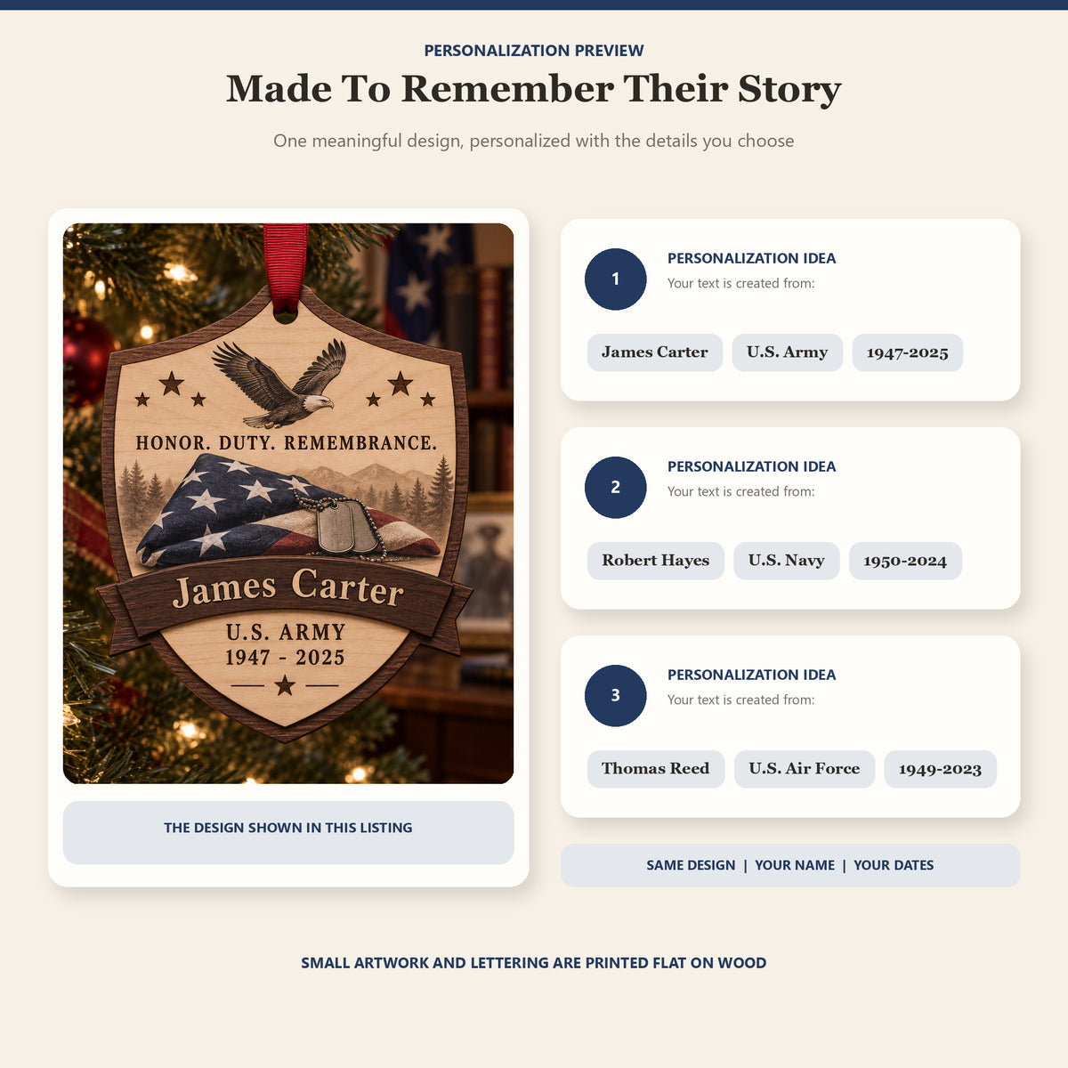 Personalized Veteran Folded Flag Memorial Wood Ornament - Custom Keepsake - image 2