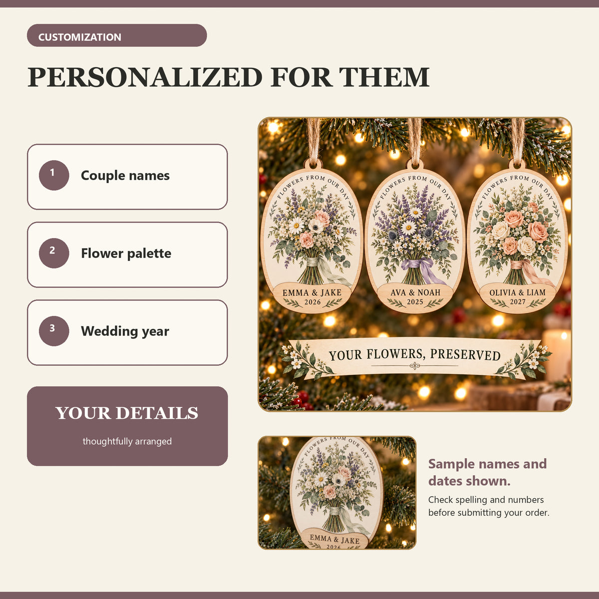 Personalized Bridal Bouquet Wood Ornament - Custom Keepsake - image 5