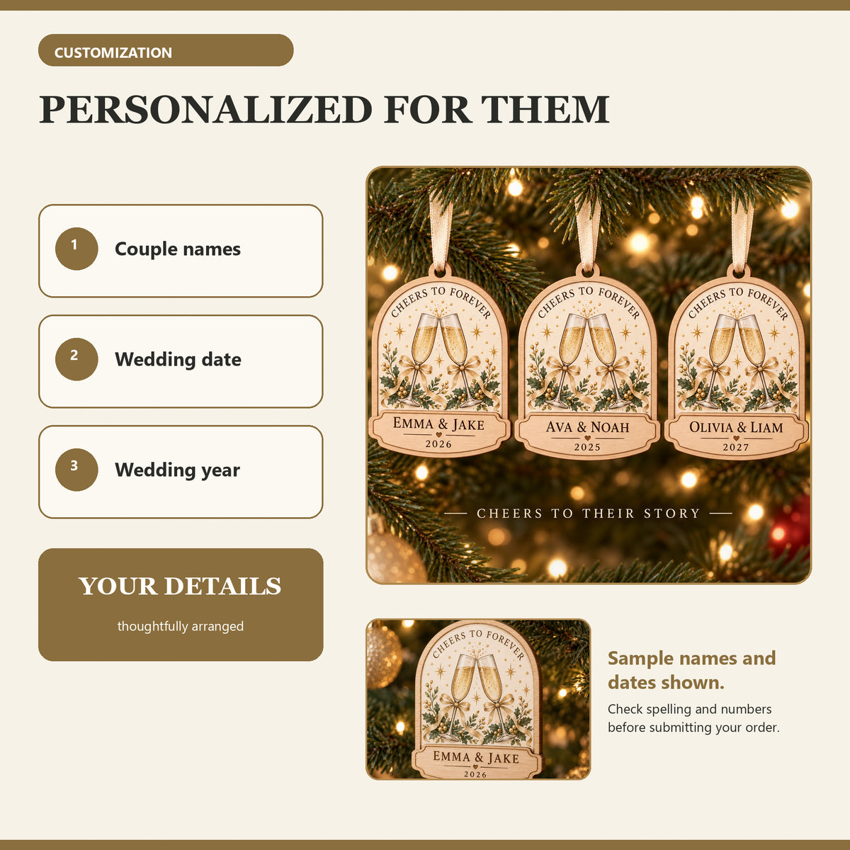 Personalized Champagne Toast Wood Ornament - Custom Keepsake - image 5
