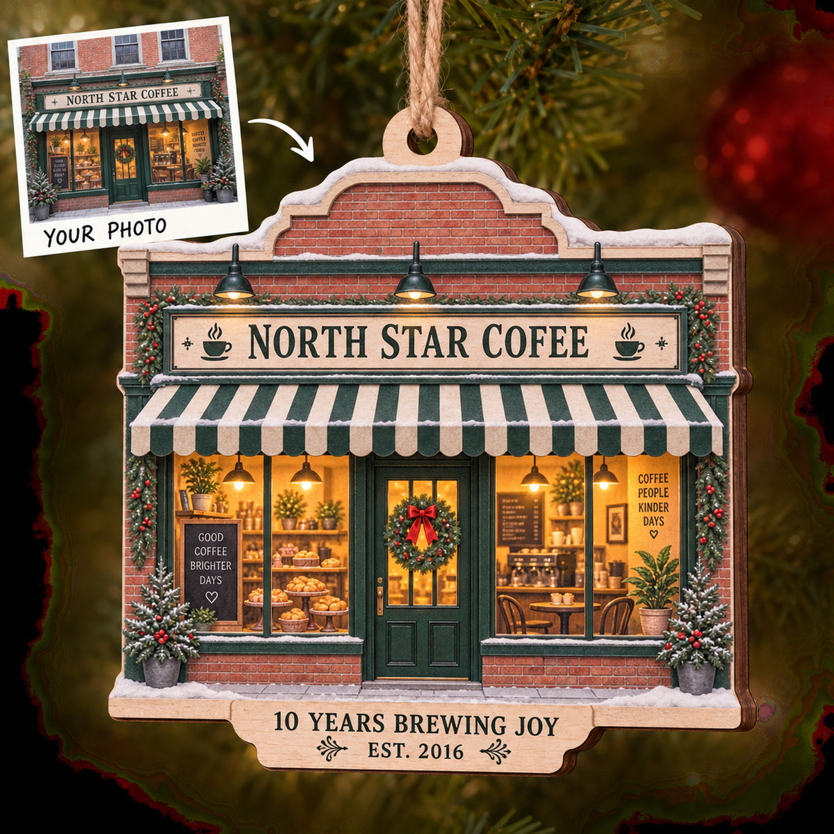 Personalized Coffee Shop Anniversary Wood Ornament - Custom Keepsake - image 1