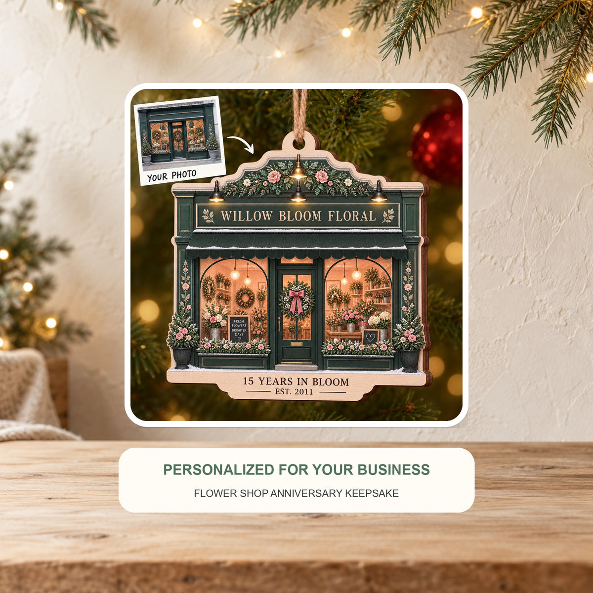 Personalized Flower Shop Anniversary Wood Ornament - Custom Keepsake - image 2