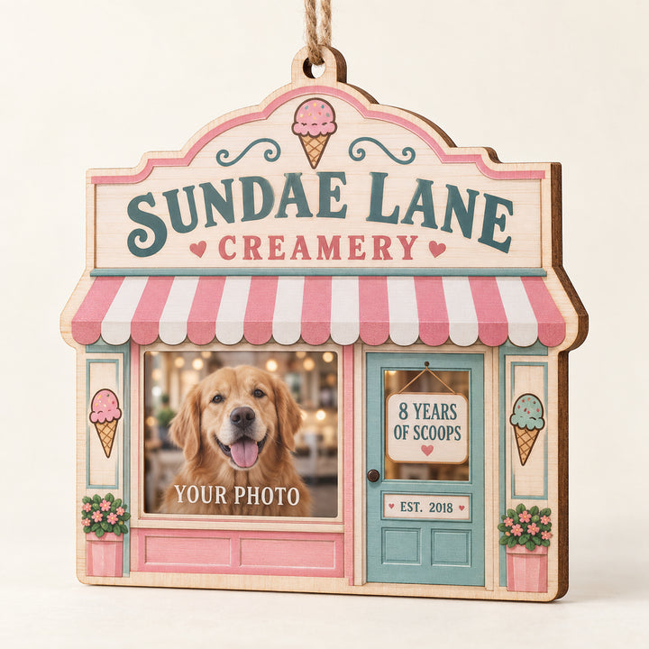 Personalized Ice Cream Shop Anniversary Photo Window Wood Ornament - Custom Keepsake - image 1
