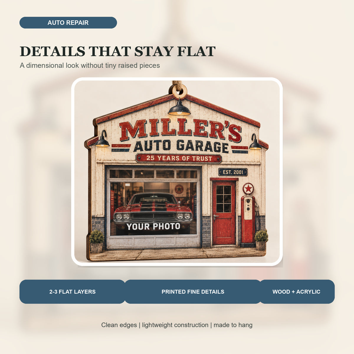 Personalized Auto Repair Anniversary Photo Window Wood Ornament - Custom Keepsake - image 3