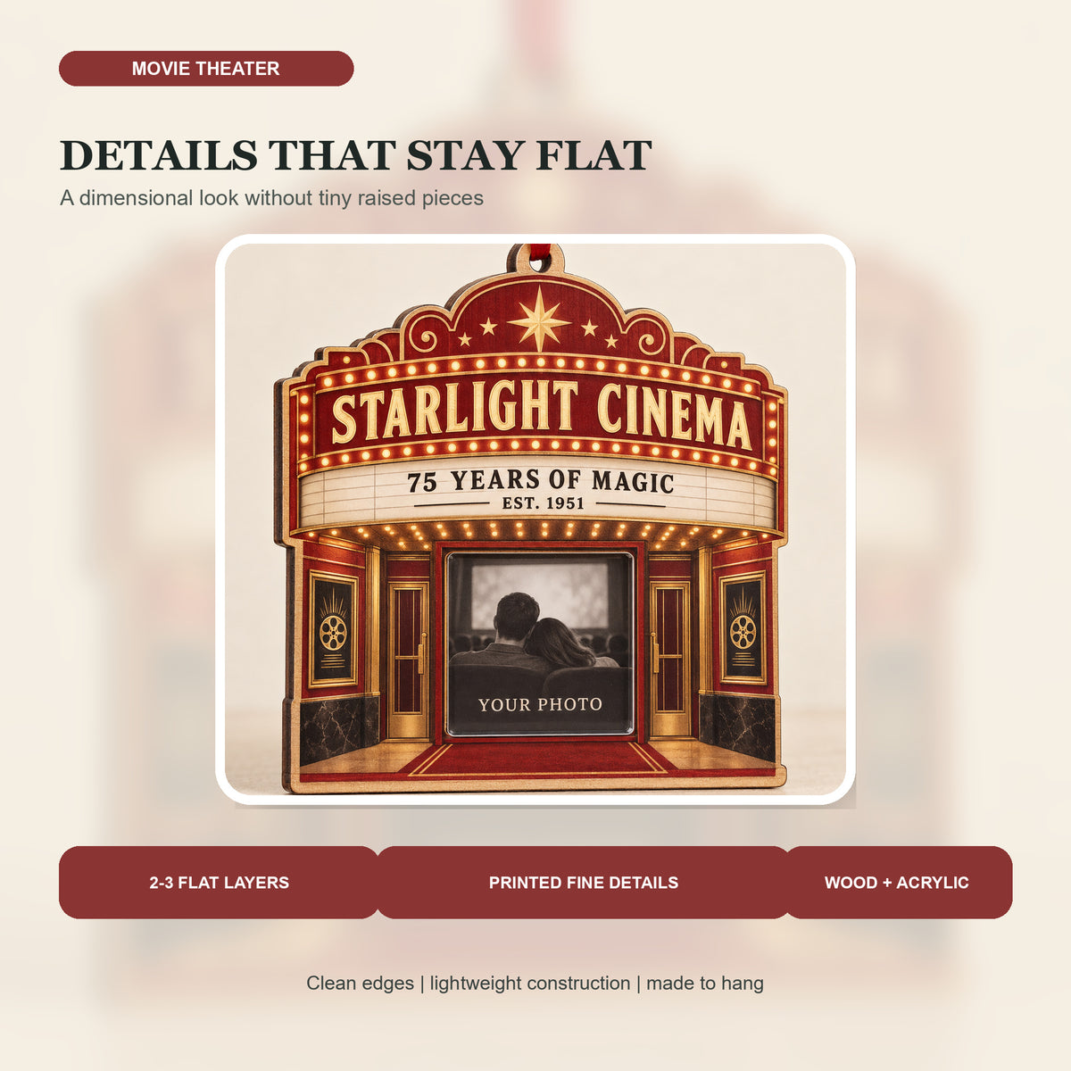 Personalized Movie Theater Anniversary Photo Window Wood Ornament - Custom Keepsake - image 3