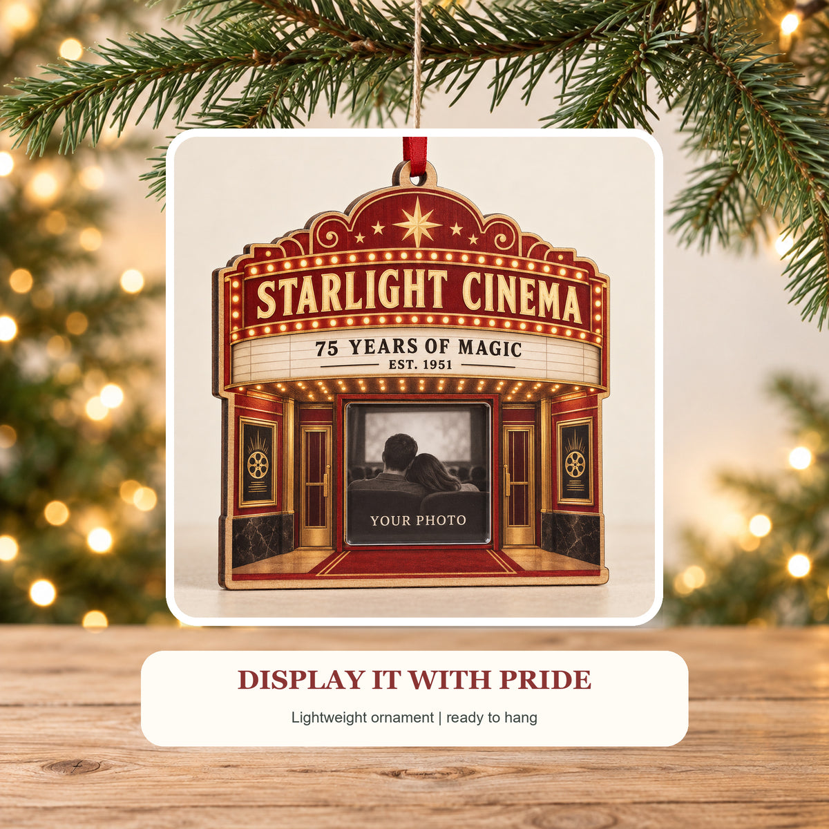 Personalized Movie Theater Anniversary Photo Window Wood Ornament - Custom Keepsake - image 6