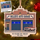 Personalized Auto Repair Anniversary Storefront Wood Ornament - Custom Keepsake - image 1