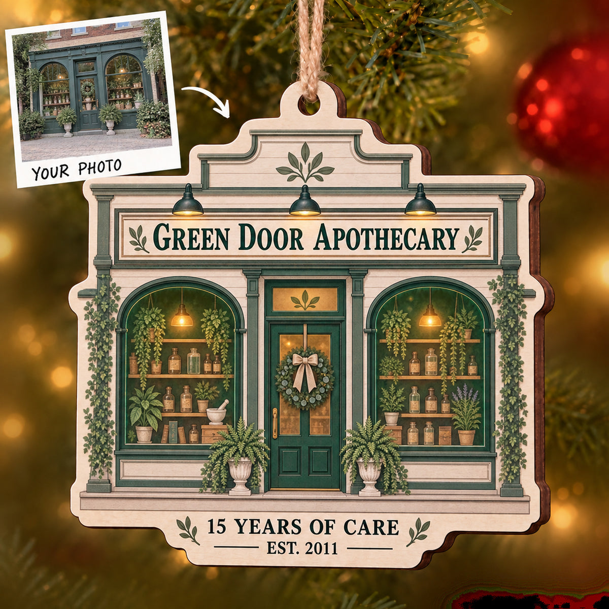 Personalized Apothecary Anniversary Storefront Wood Ornament - Custom Keepsake - image 1