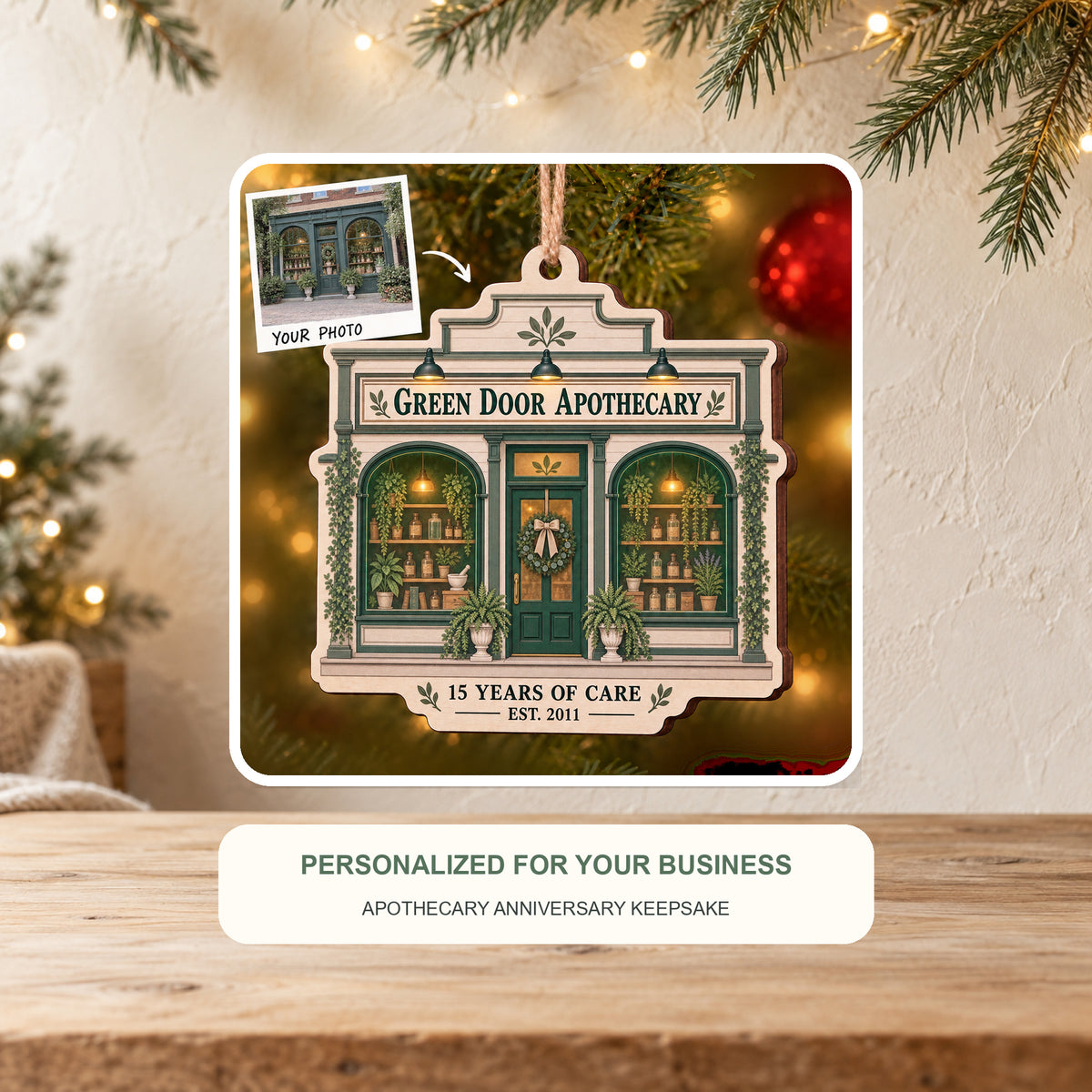 Personalized Apothecary Anniversary Storefront Wood Ornament - Custom Keepsake - image 2