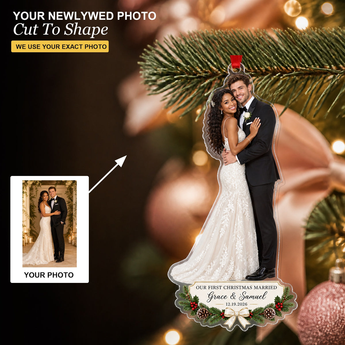 Personalized Newlywed First Christmas Photo Acrylic Ornament - Custom Couple Keepsake - image 1