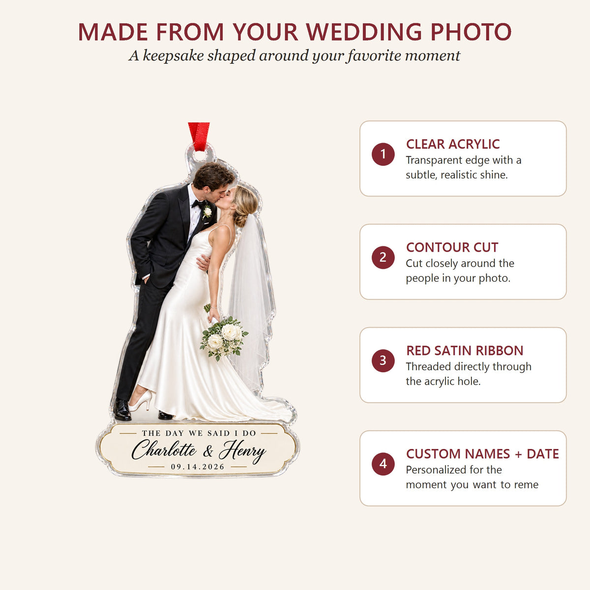 Personalized Wedding Kiss Keepsake Photo Acrylic Ornament - Custom Couple Keepsake - image 4