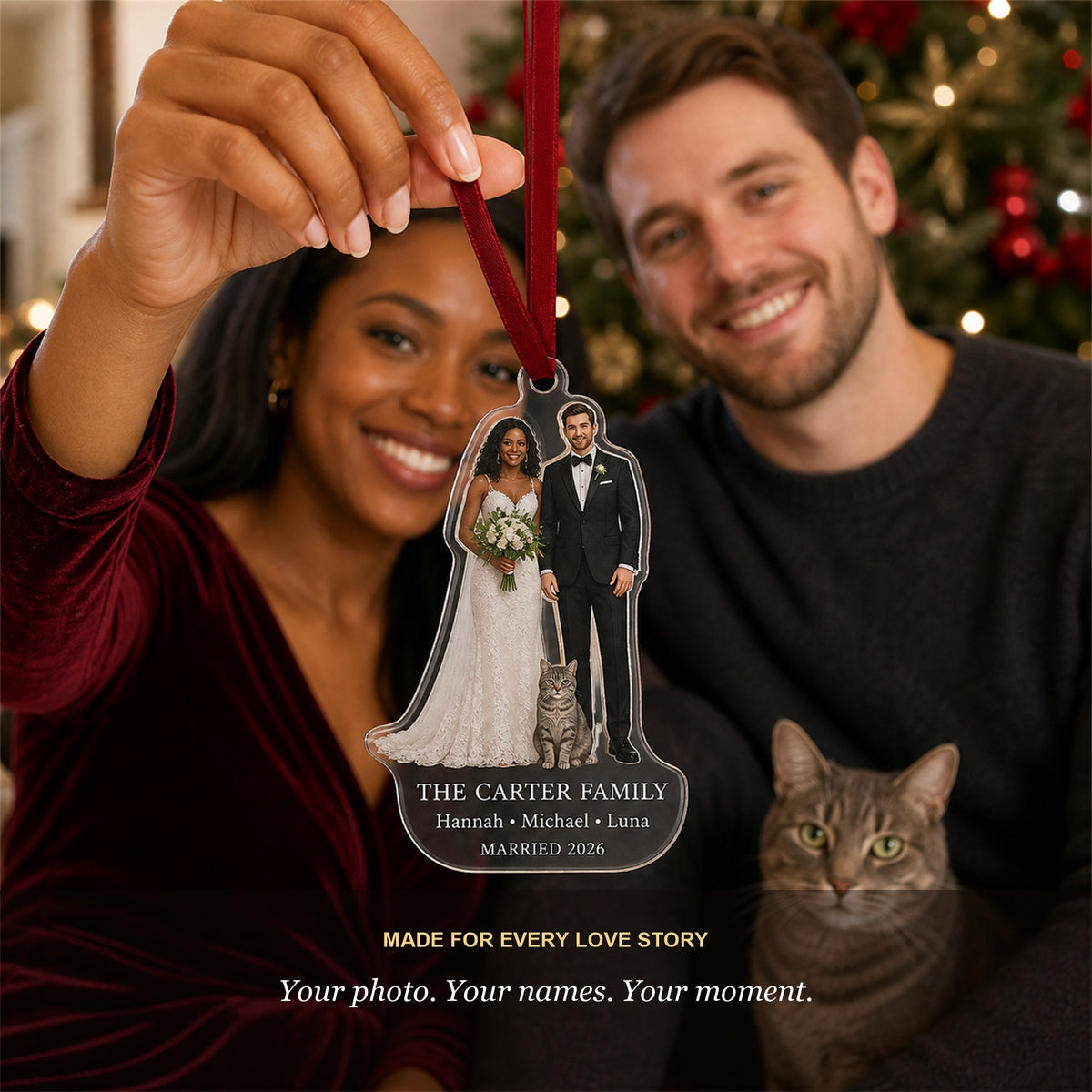 Personalized Bride Groom With Pet Photo Acrylic Ornament - Custom Couple Keepsake - image 9