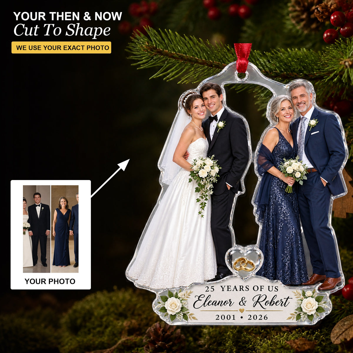 Personalized Anniversary Then Now Photo Acrylic Ornament - Custom Couple Keepsake - image 1