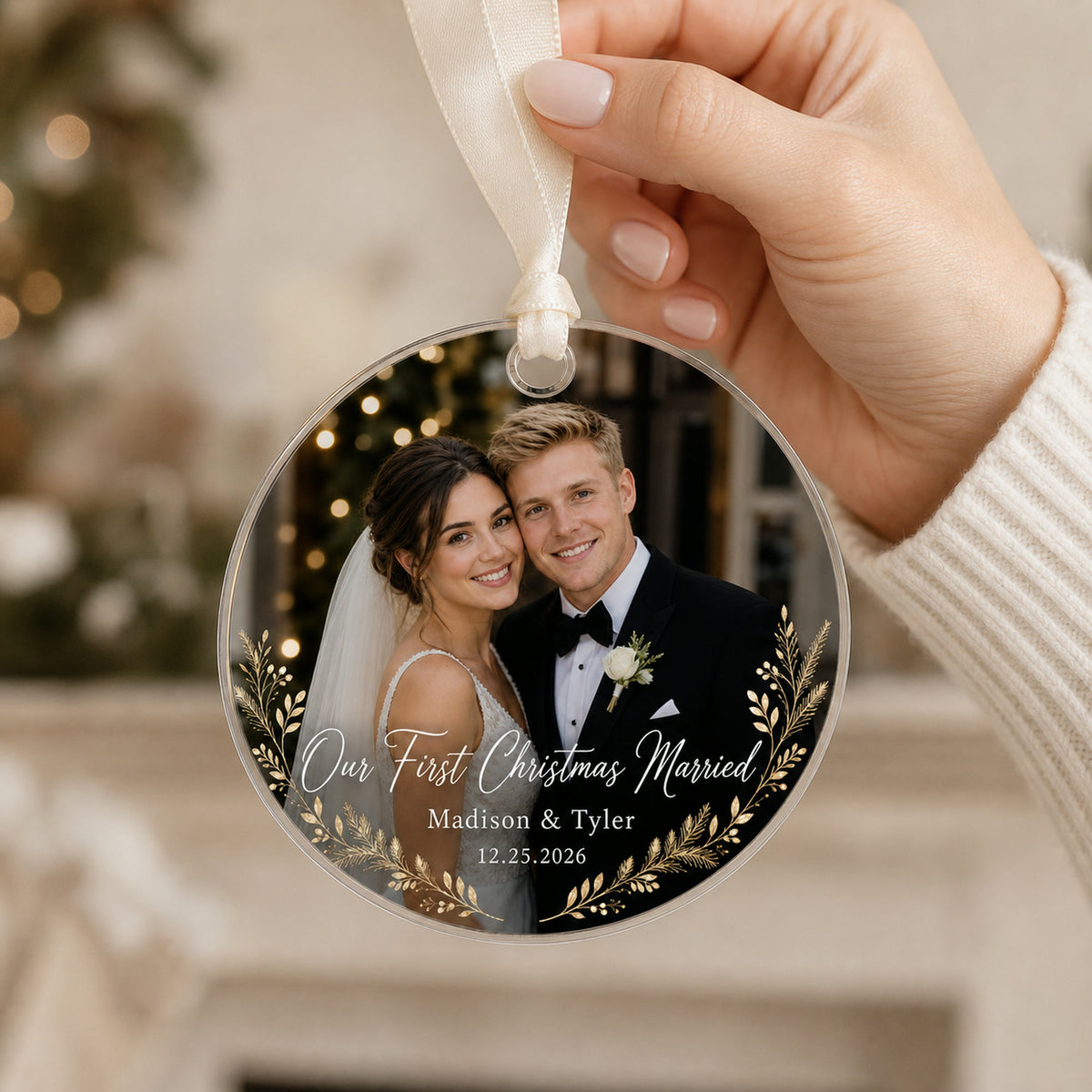 Personalized First Christmas Married Photo Acrylic Ornament - Custom Couple Keepsake - image 3
