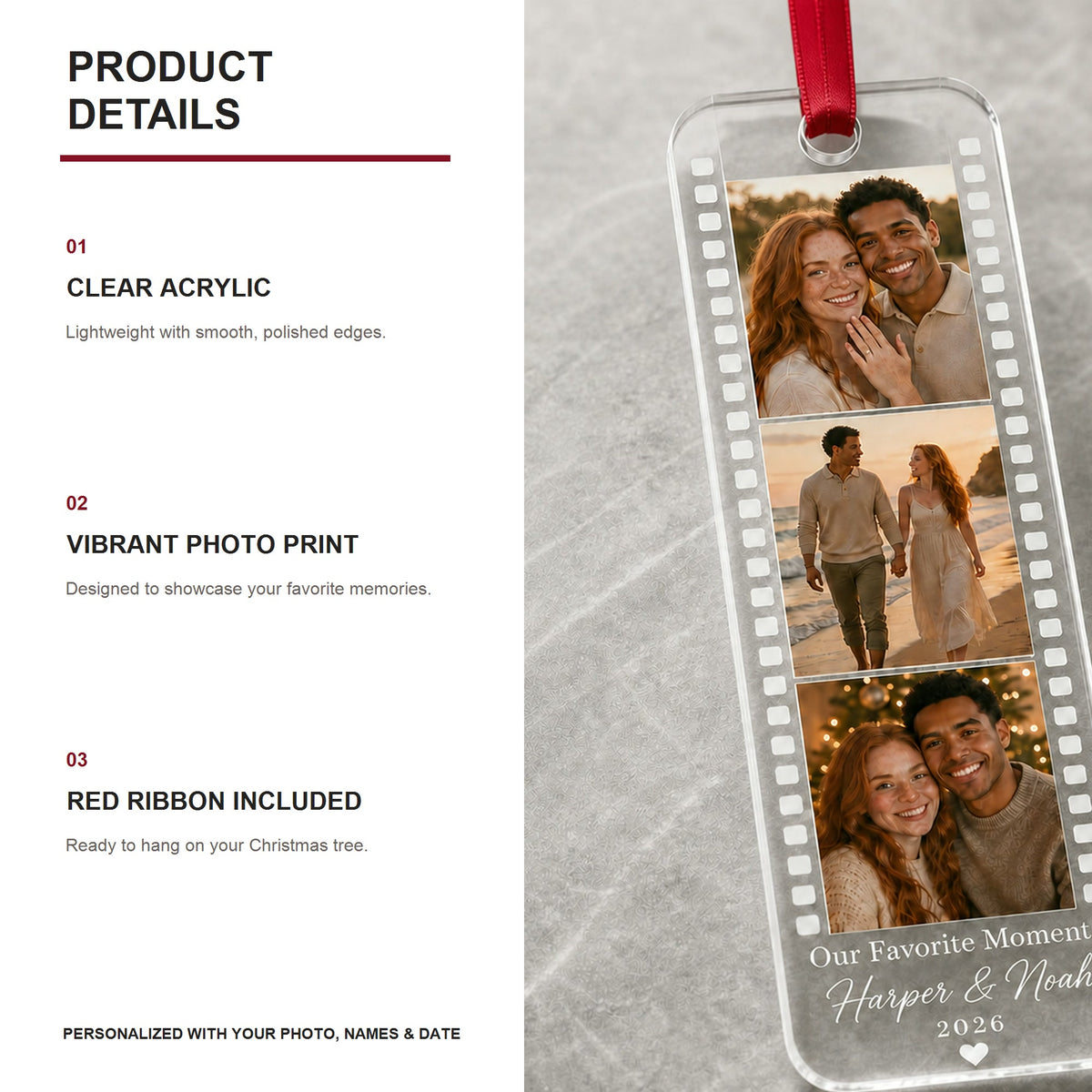 Personalized Film Strip Photo Collage Photo Acrylic Ornament - Custom Couple Keepsake - image 6