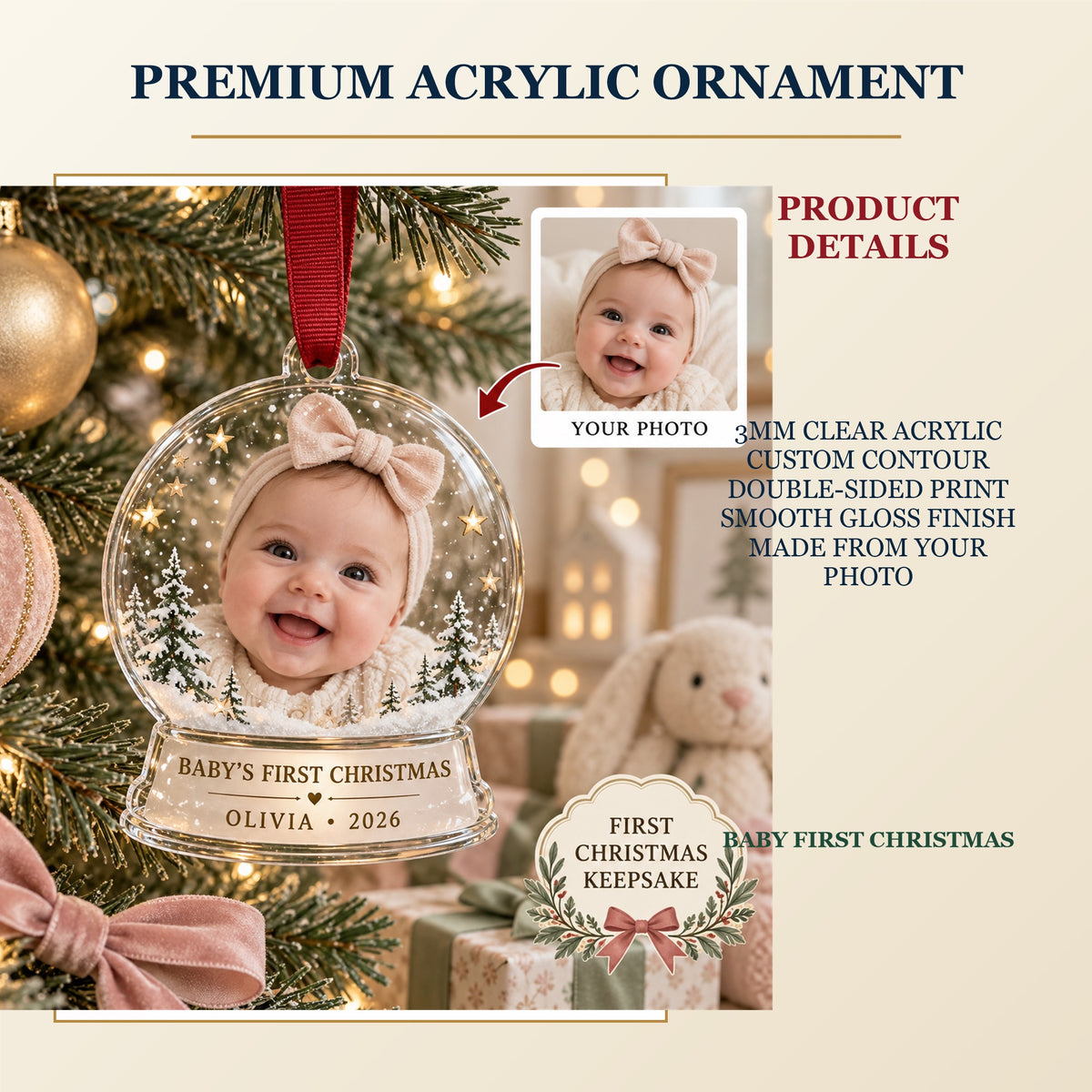 Personalized Baby First Christmas Acrylic Ornament - Custom Photo Keepsake - image 2