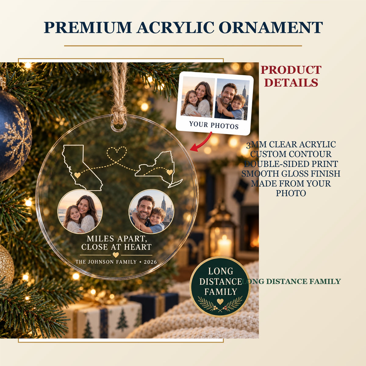Personalized Long Distance Family Acrylic Ornament - Custom Photo Keepsake - image 2