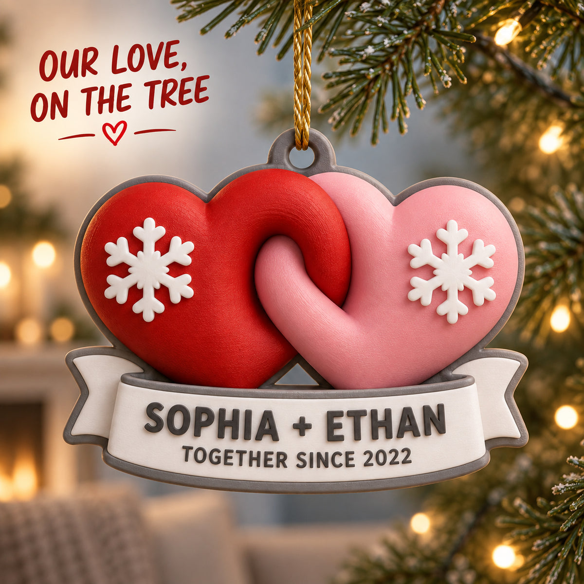 Personalized Two Hearts 3D Ornament - Custom Christmas Keepsake - image 2
