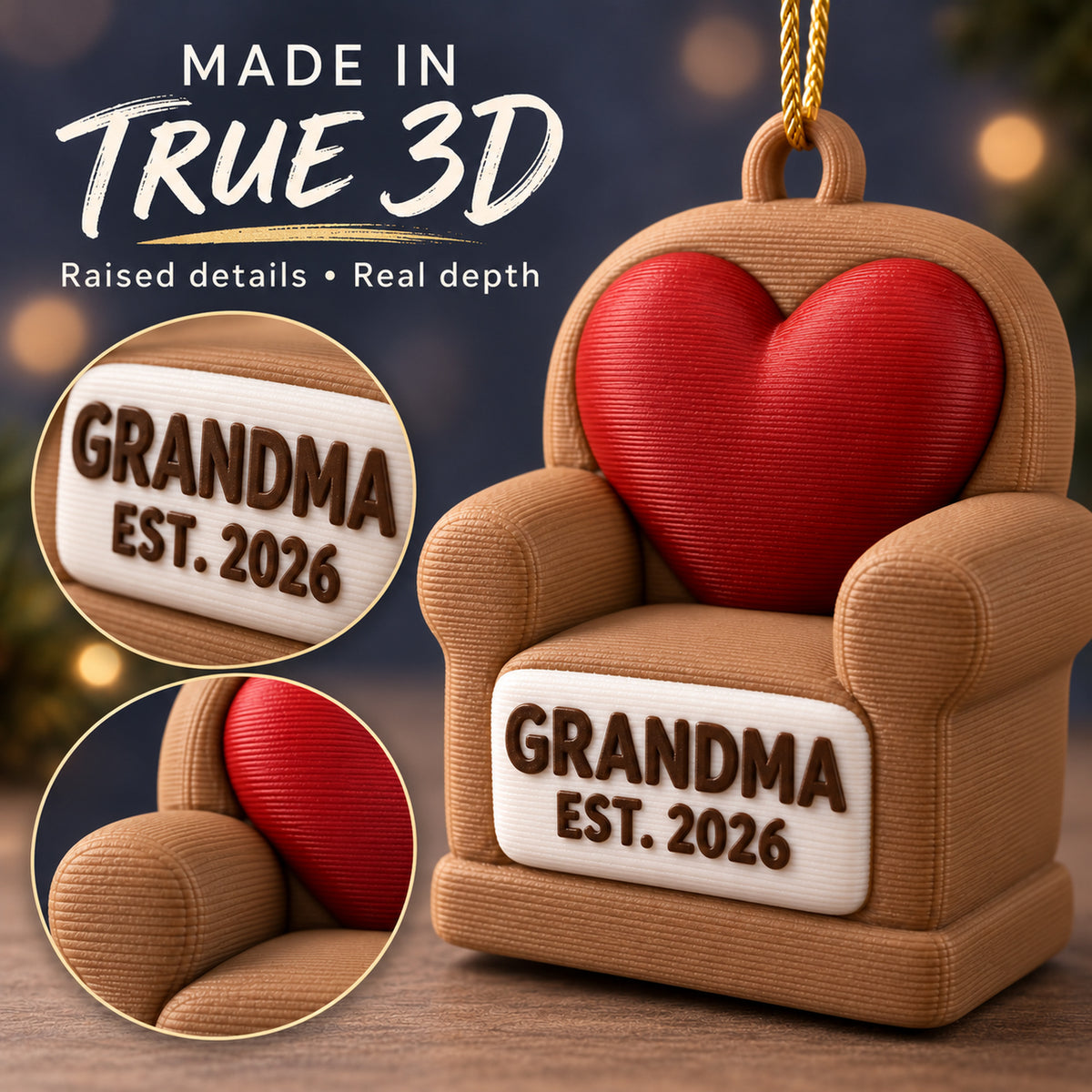 Personalized New Grandparent Chair Heart 3D Ornament - Custom Christmas Keepsake - image 4