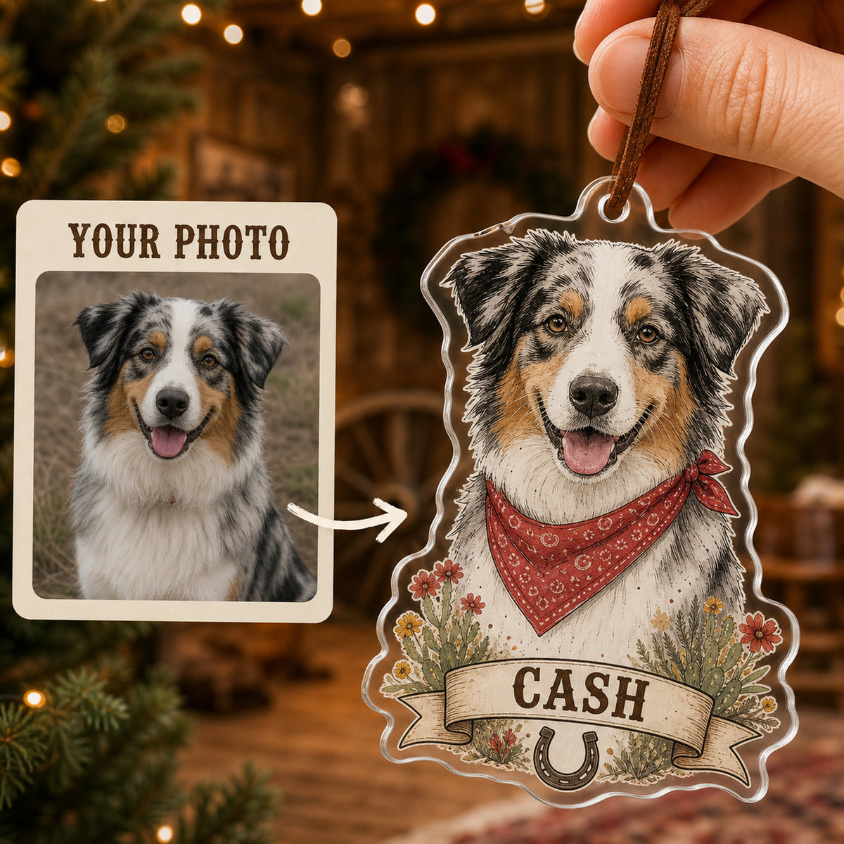 Personalized Western Cowboy Dog Photo Acrylic Ornament - Custom Pet Keepsake - image 1
