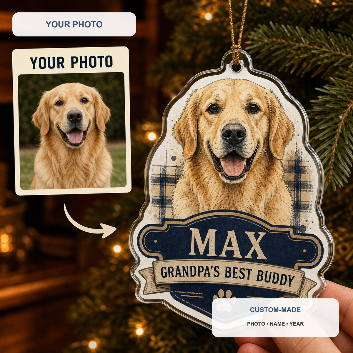 Personalized Best Buddy Grandpa Photo Acrylic Ornament - Custom Pet Keepsake - image 1